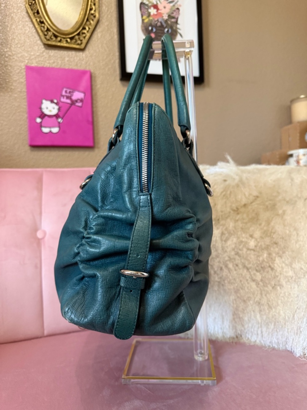 Authentic FURLA Teal Green Leather Satchel Shoulder Bag w Silver Hardware - Picture 3 of 16